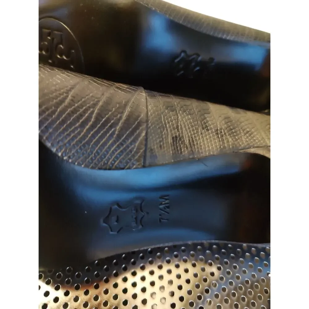 TORY BURCH Lizard Print Leather Cap Toe Gray/Black Pumps Heels‎ NEW 7 1/2